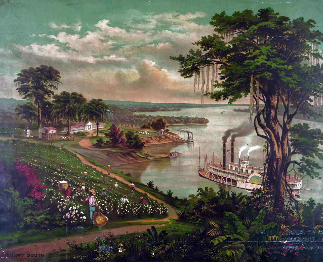 Afroamerikaner plockar bomull på plantage vid Mississippifloden, ca 1883. Plantagehus till vänster, arbetarbostäder till höger. Brygga för lastning av bomullsbalar i mitten. Paddel Ångbåt Flod Jordbruk Textil Landskap USA av Unbekannter Künstler