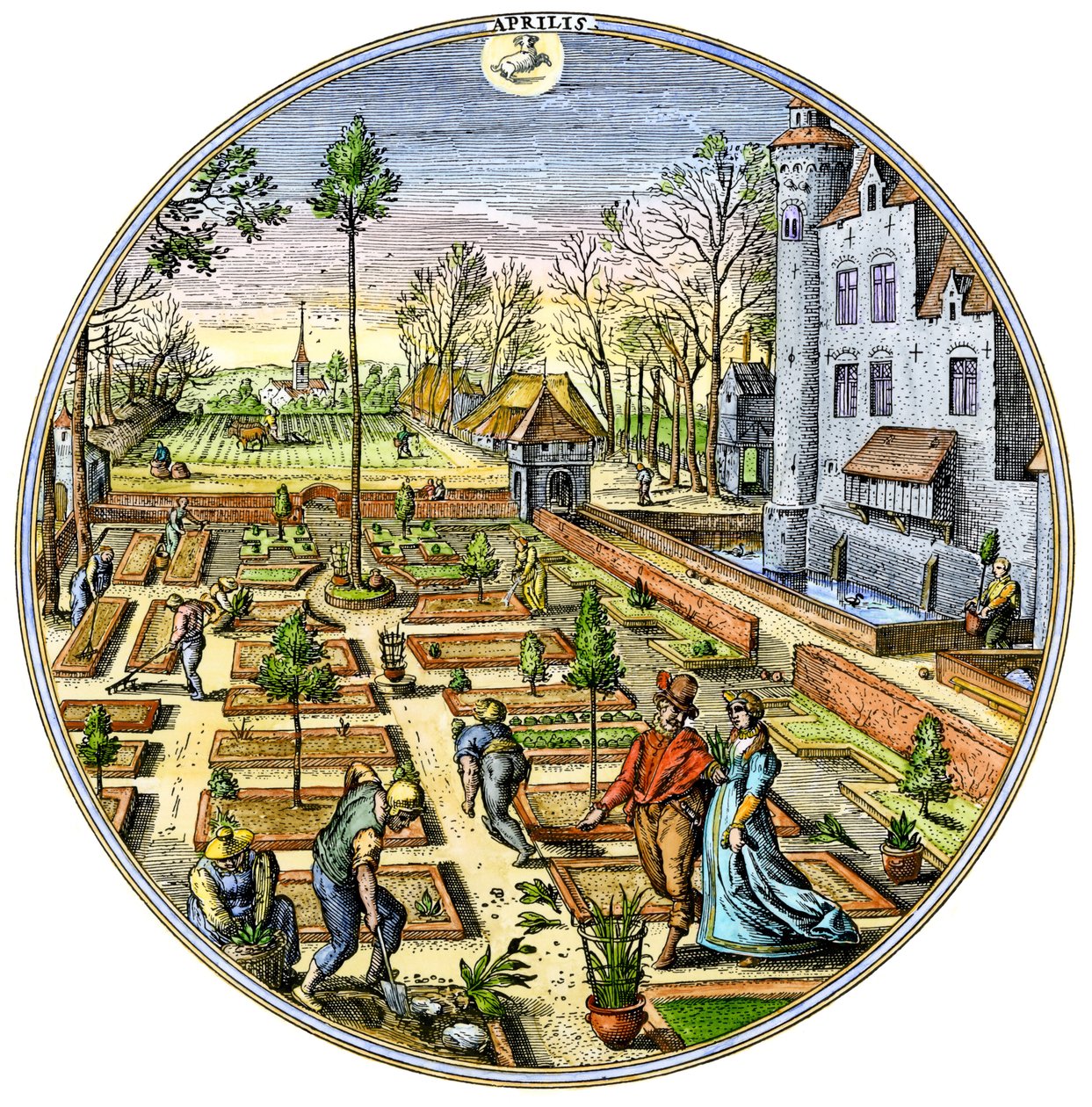 Jordbruk: Trädgårdsarbete i en europeisk köksträdgård i början av våren omkring 1590 Färggravyr från 1500-talet av Unbekannter Künstler