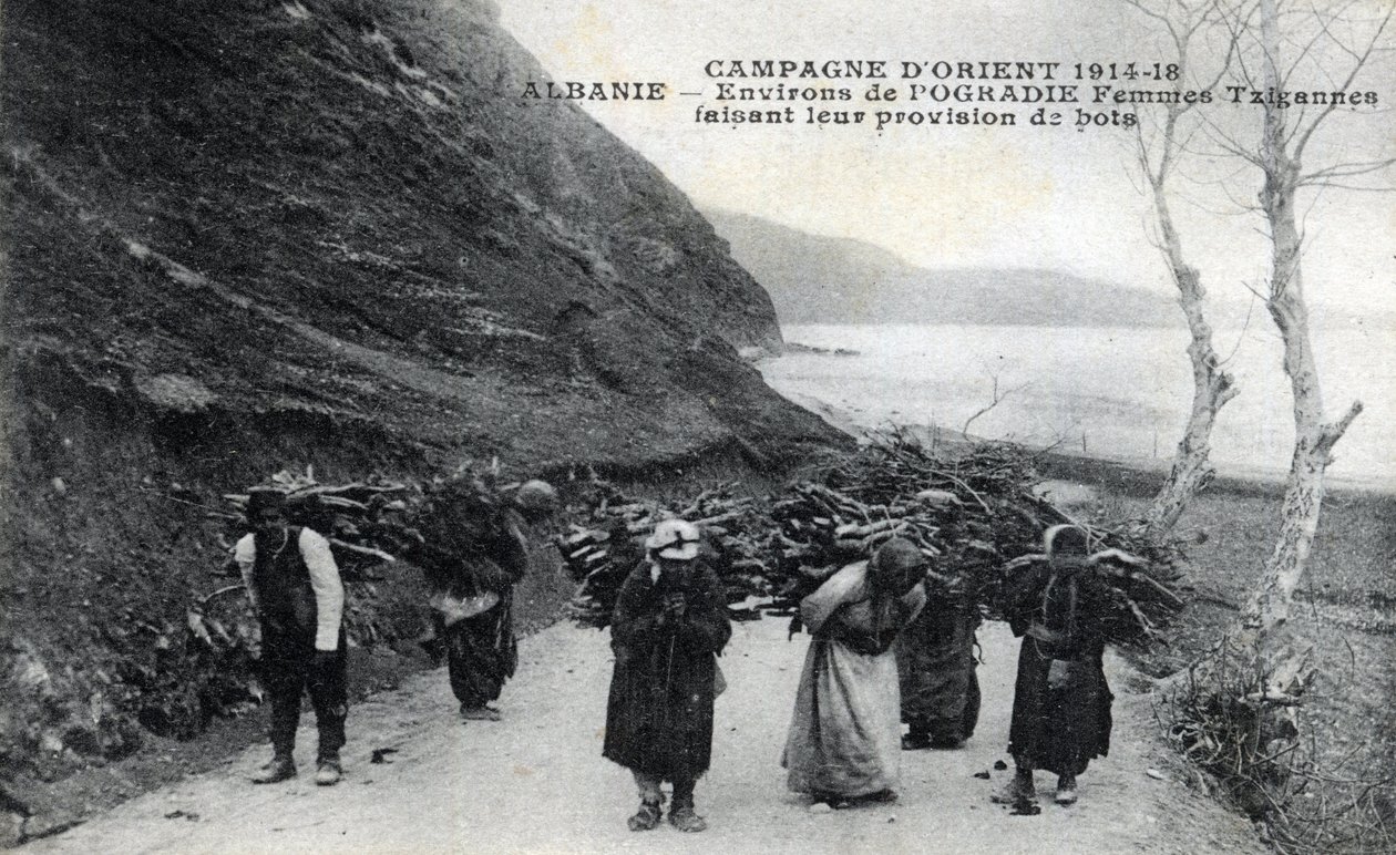 Albanien: Zigenska kvinnor bär träbuntar på ryggen - Vykort 1914-1918 av William M. Timlin