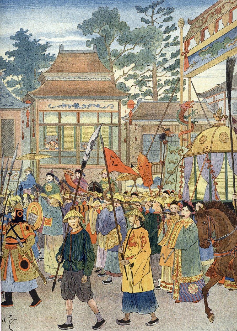 Allegori över den antika kinesiska hymnen: Kejsaren i en Palanquin, omkring 1900 (Illustration) av Unbekannter Künstler