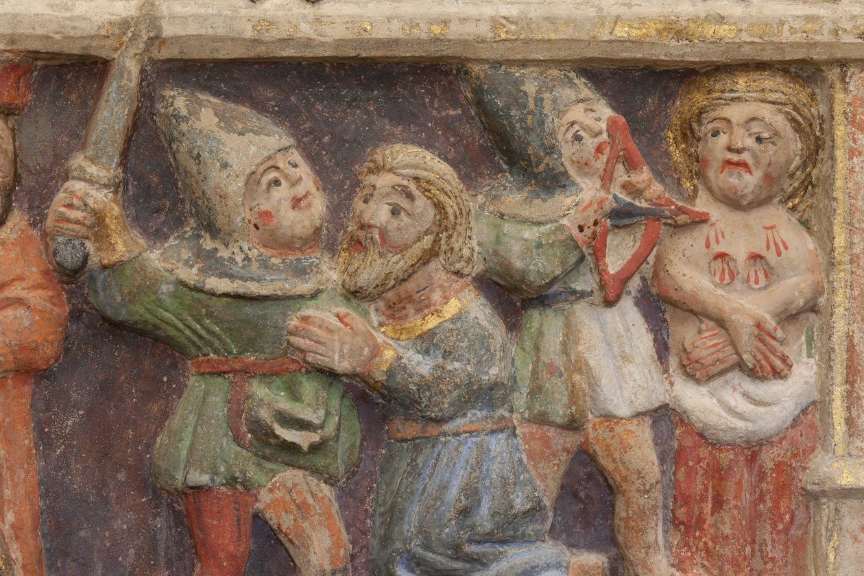 Altartavla. polykrom sten. Andra hälften av 1300-talet. Ursprung före detta församlingskyrka i Torre de Rialb. Detalj. Mellanregistret. Vänster panel. Nedre delen: en tjänsteman tittar på scenen vid halshuggningen av Saint Iscle och amputationen av brösten av Unbekannt