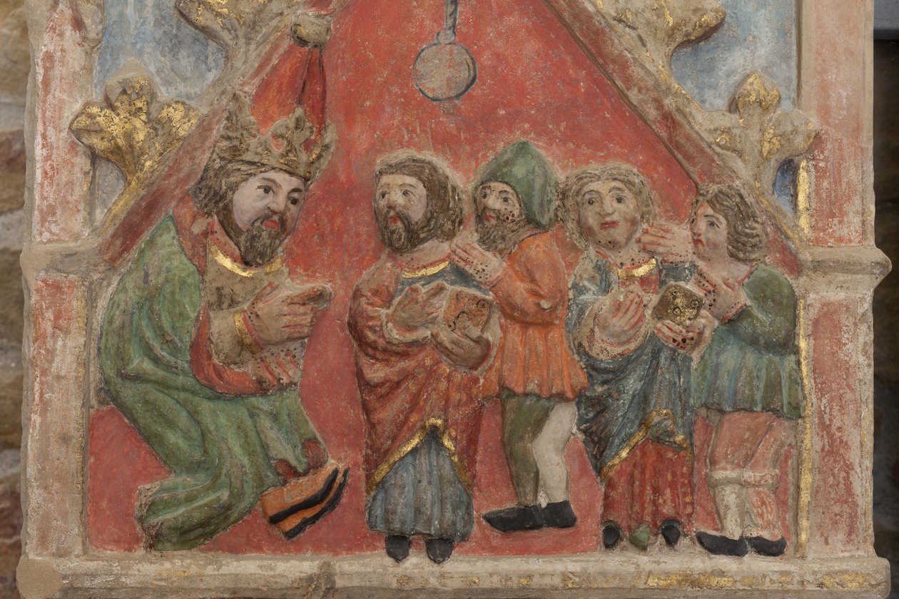Altartavla. polykrom sten. Andra hälften av 1300-talet. Ursprung före detta församlingskyrka i Torre de Rialb. Detalj. Mellanregistret. Vänster panel. Övre delen: Saints Iscle och Victoria med tjänstemännen. av Unbekannt