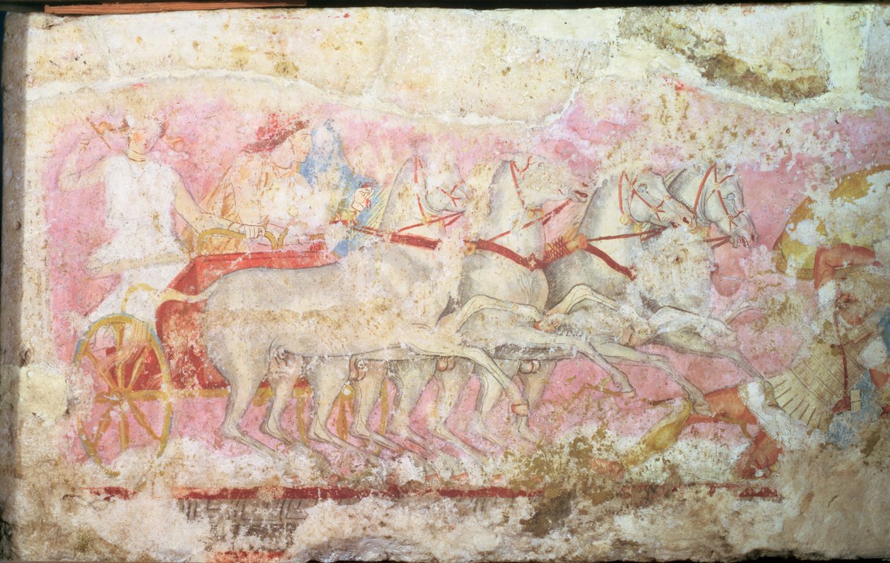 Amazoner som kör en vagn, detalj från sidan av Amazonas sarkofag, Tarquinia, 300-talet f.Kr. (tempera på alabaster) (detalj av 85168) av Unbekannt