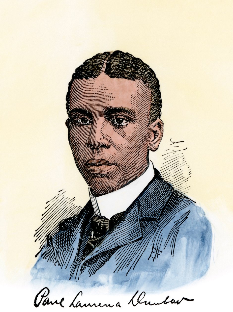 Den amerikanske poeten Paul Lawrence Dunbar (1872-1906), med hans autograf. Handkolorerat träsnitt av en 1800-talsillustration av Unbekannter Künstler