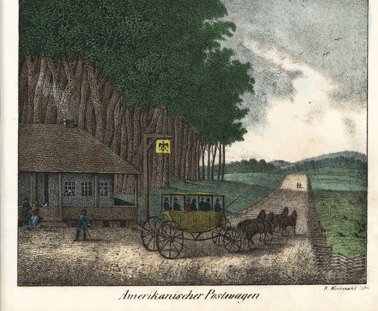 Ett amerikanskt postkontor och en diligence. Litografi för boken: "Galerie complete en tableaux fideles des peuples d
