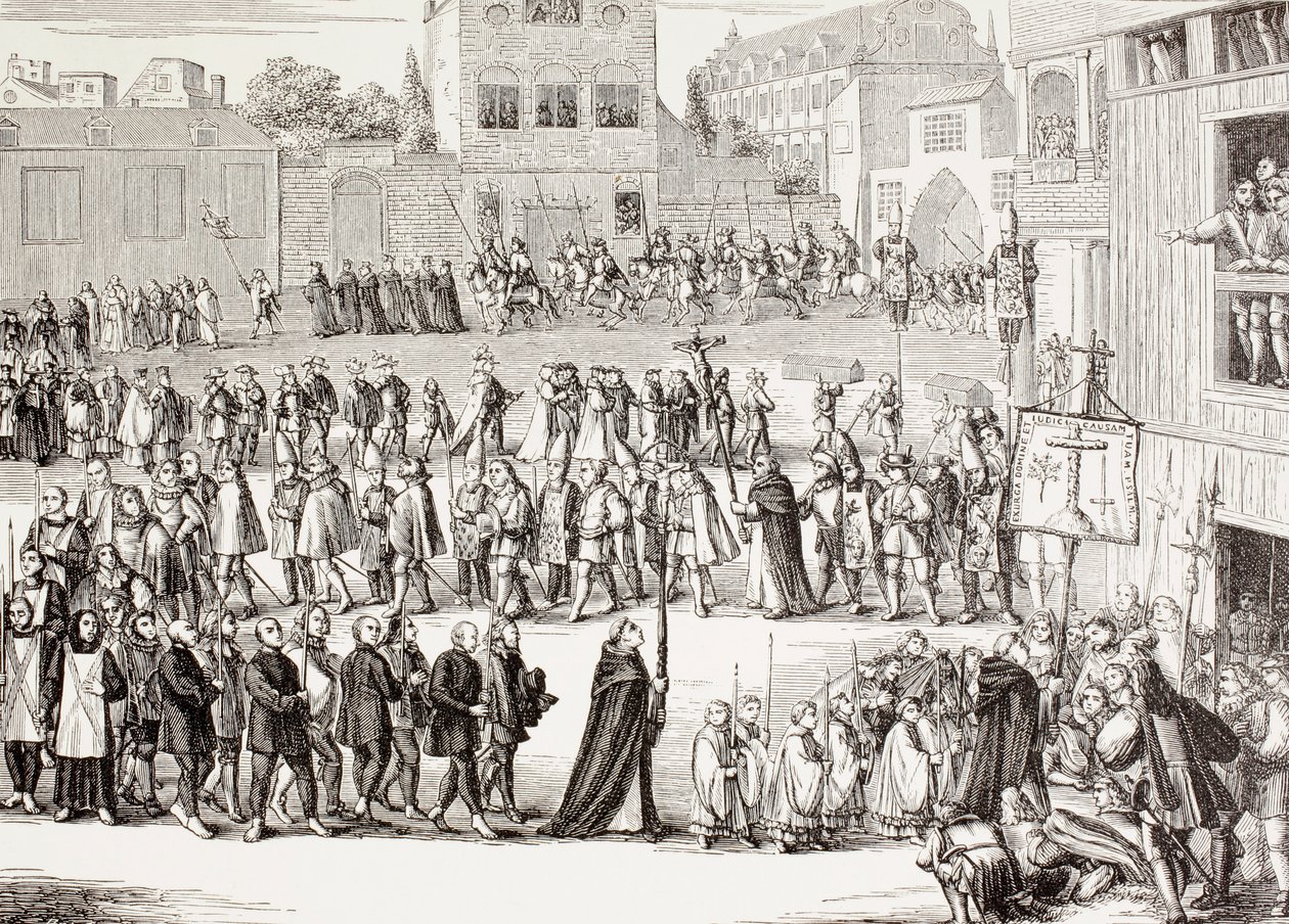En Auto-da-fe, eller Act of Faith, procession i Spanien, efter en gravyr från 1400-talet, från "Military and Religious Life in the Middle Ages" av Paul Lacroix publicerad i London cirka 1880 av Unknown