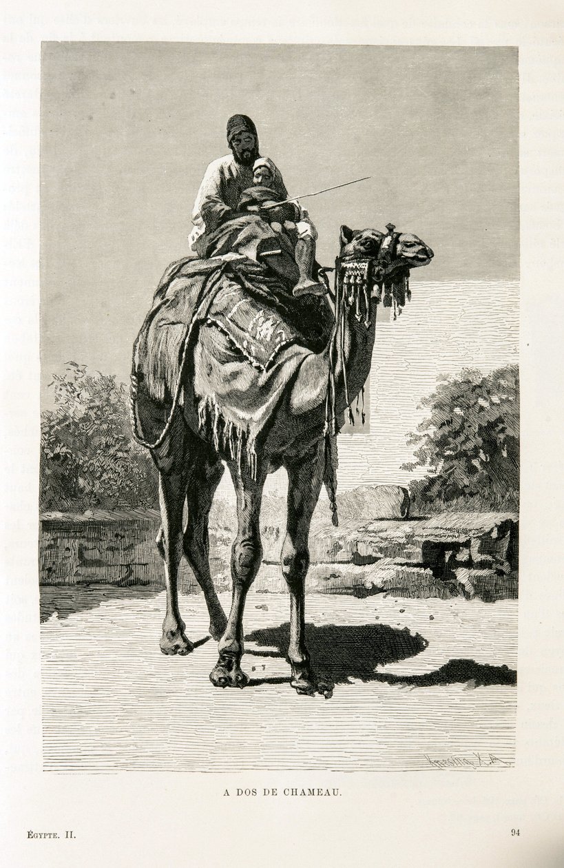 En egyptier och hans barn på en kamel - Illustration från Atlas of Egypt av Unknown