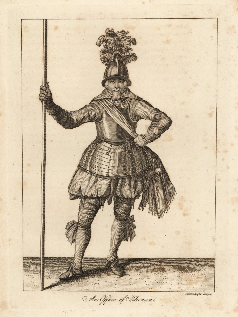 En Officer of Pikemen i militäruniform av hjälm, pansarskydd, skärp, byxor, slang med svärd och gädda av Unbekannt