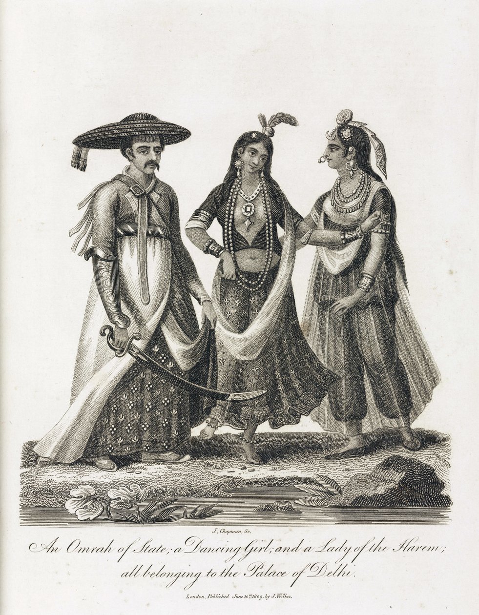 En Omrah of State; en dansande flicka; och en Lady of the Harem, Indien av Unbekannt