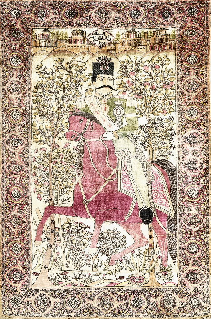 En antik siden Kashan "mochtasham" bildmatta, föreställande den monterade figuren av Naser al-Din Shah av Unbekannt