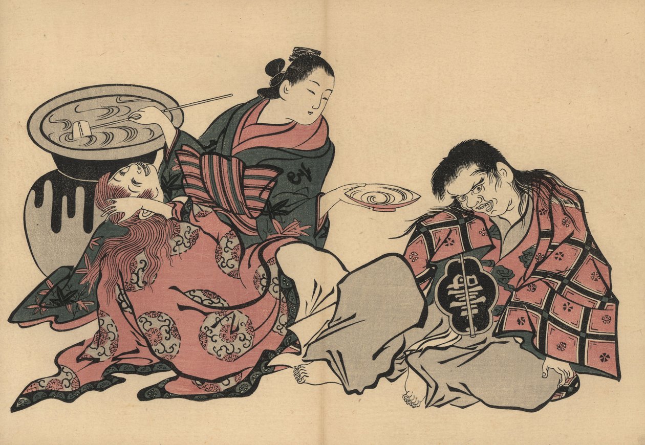 En oiran-kurtisan spelar mot två shojo med sake från en stor vas. Träsnitt av Masanobu Okumura (1686-1764) från Fuzoku Emakimono, Picture Scroll of the Water Trade, Tokyo, nytryck cirka 1880. av Unbekannter Künstler