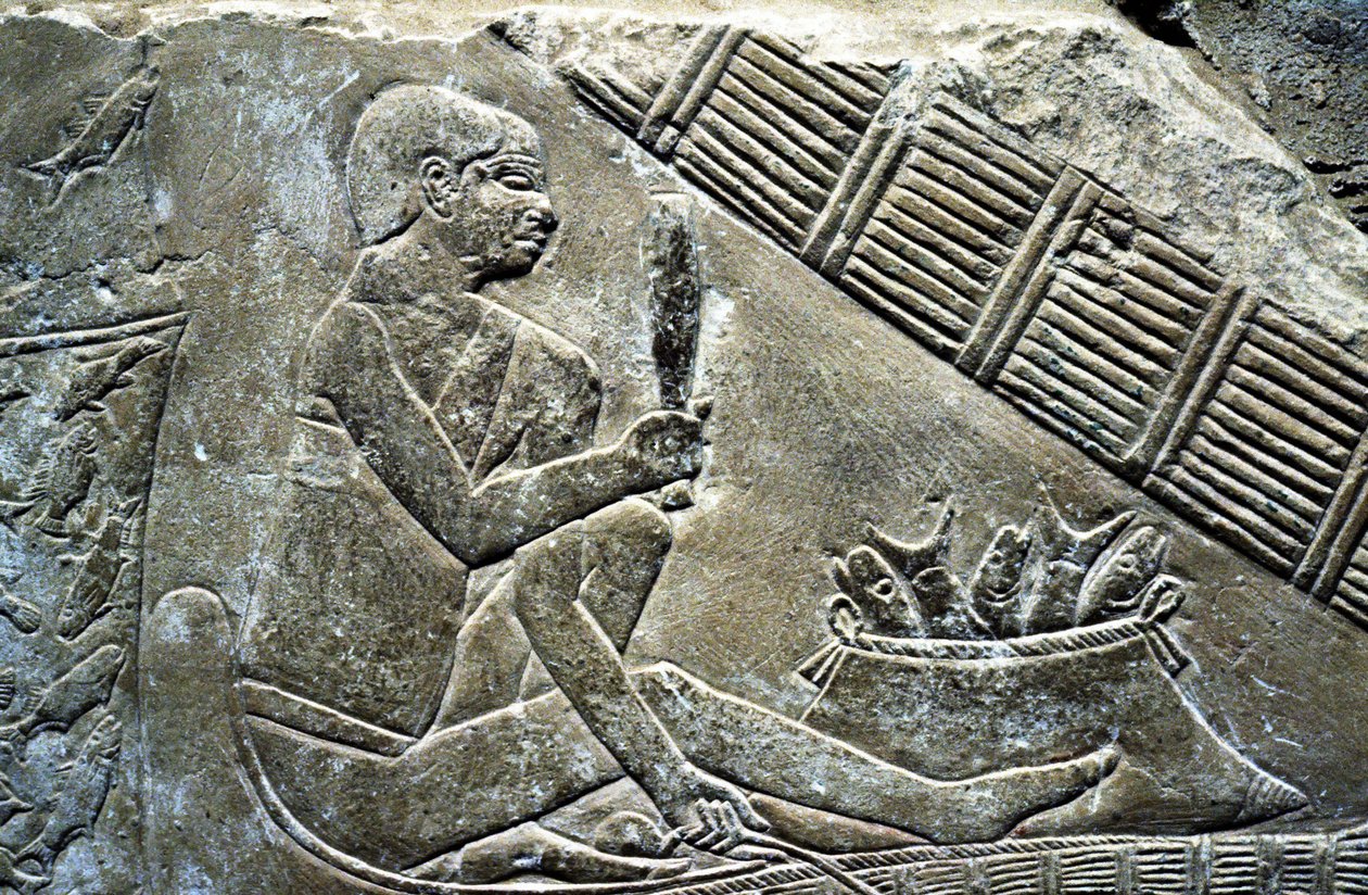 Forntida Egypten: Saqqarah (eller Saqqara eller Sakkarah): det gamla imperiets begravningsplats, ädlingens grav. Detalj av reliefer som föreställer en fiskare. av Leopold Blonder