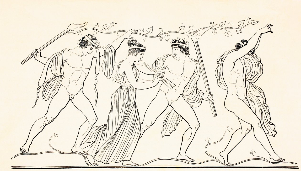 Forntida grekiska revelers, från "The Illustrated World", publicerade Barcelona av Unbekannt