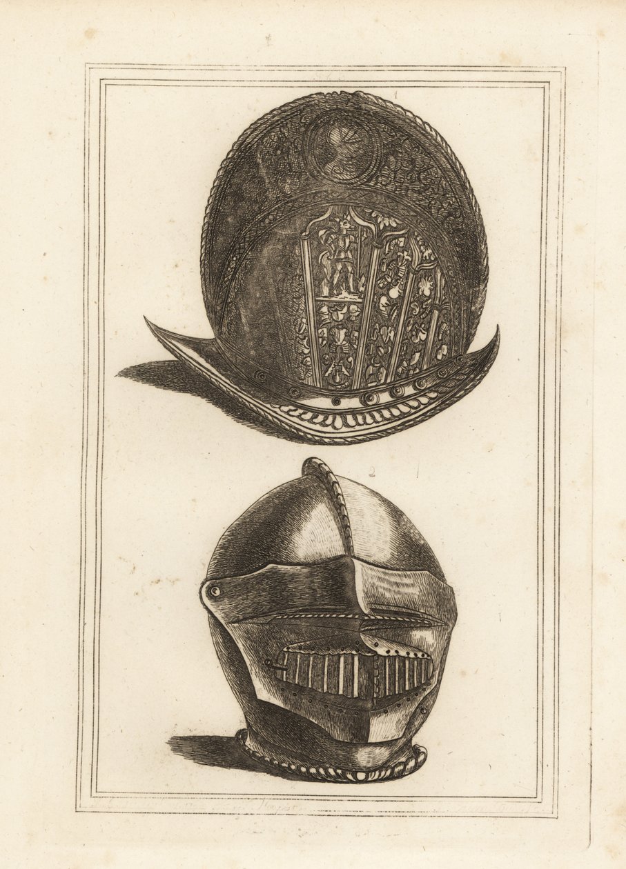 Forntida venetiansk morionhjälm prydd med militära troféer och en burgonethjälm med enat visir och bever från Tower of London av Unbekannt