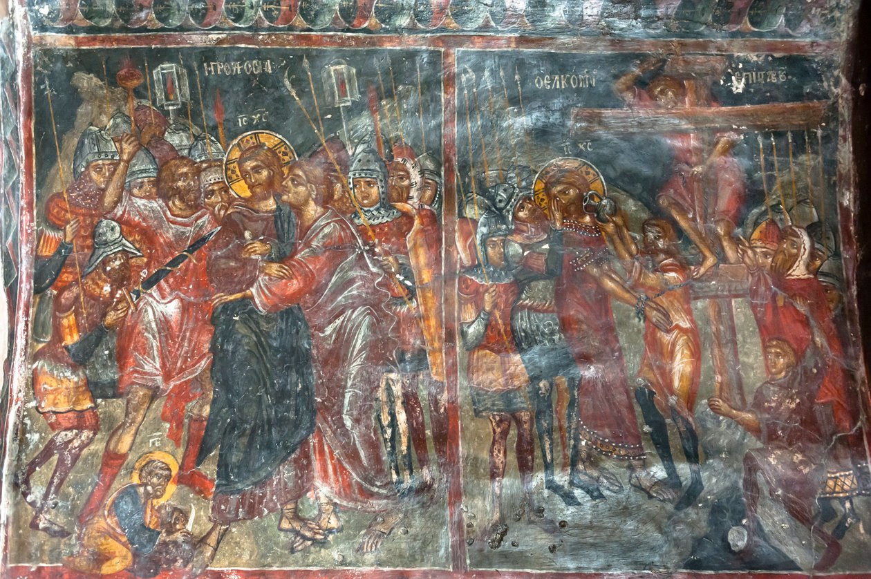 Forntida fresker; väggmålningar; kyss av Judas; Jesu korsfästelse; Panagia och Sotiras kyrka; grekisk ortodox kyrka; Roustika; Kreta; Grekland; Europa av Unbekannt