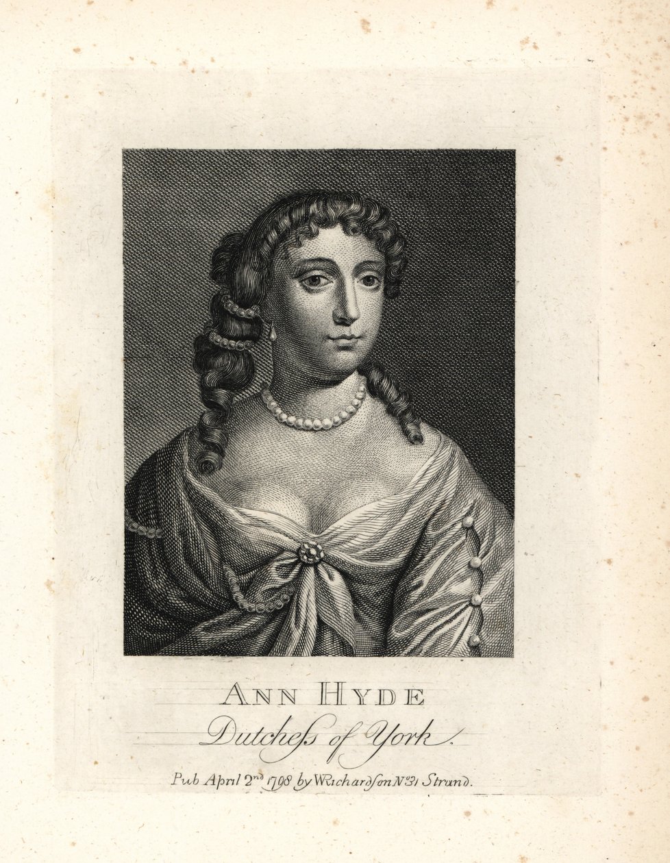 Anne Hyde (1637-1671), hertiginna av York och av Albany, första hustru till kung Jakob II av England. Kopparstick efter ett porträtt av Sir Peter Lely från William Richard