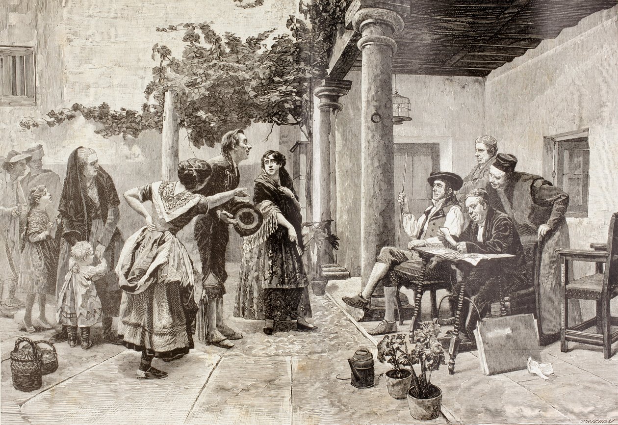 Innan borgmästaren, efter en målning av den spanske konstnären Julio Worms, från "The Illustrated World", publicerade Barcelona av Unbekannt