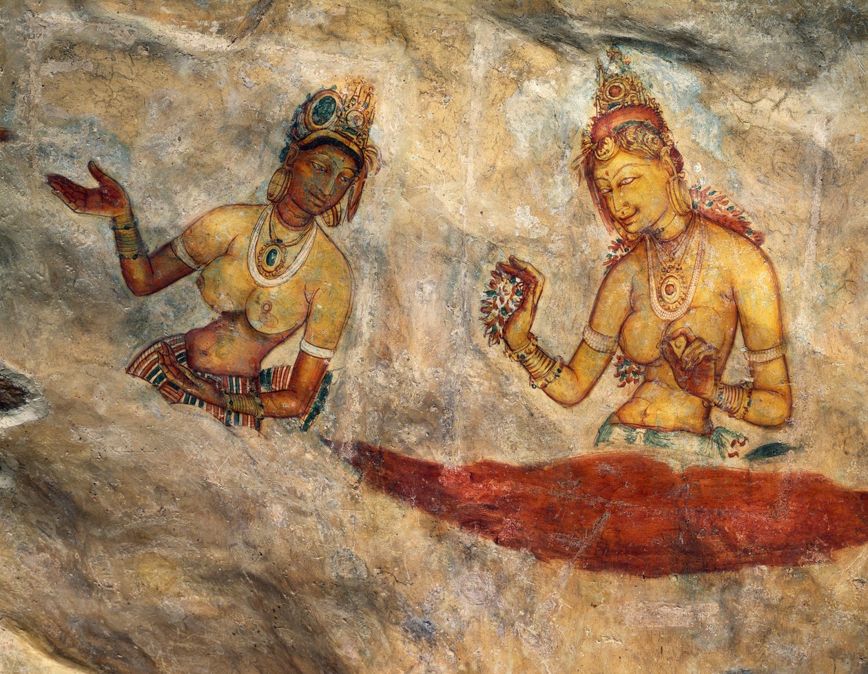Apsaras, himmelska nymfer som erbjuder blommor, fresk, befäst citadell i Sigiriya (UNESCO:s världsarvslista av Alec Hunter