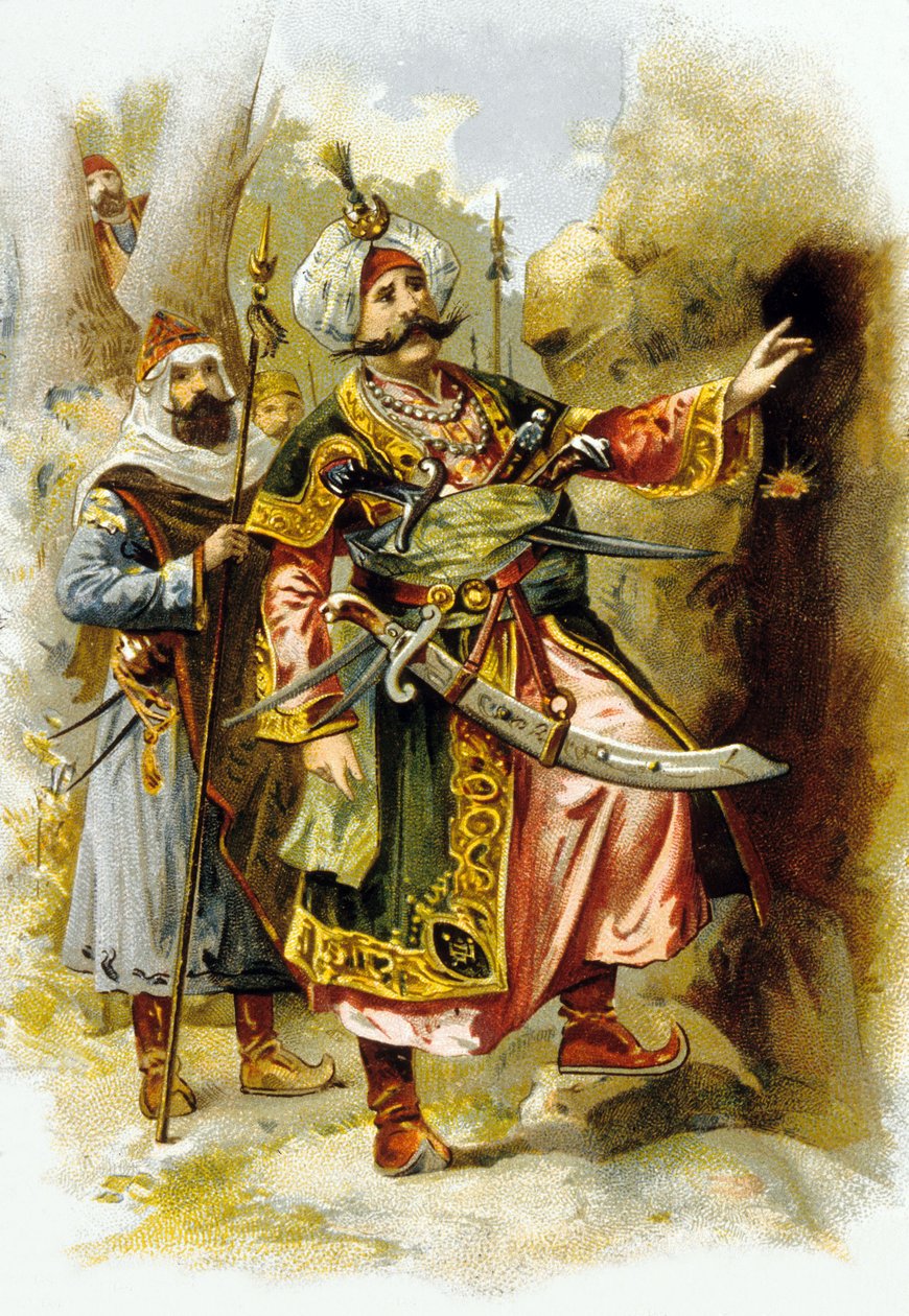 Tusen och en natt : Ali Baba och de fyrtio tjuvarna : tjuvarnas ledare säger "Sesam öppna dig", reklam för "Le Bon Marche" ca 1900 av Unbekannter Künstler
