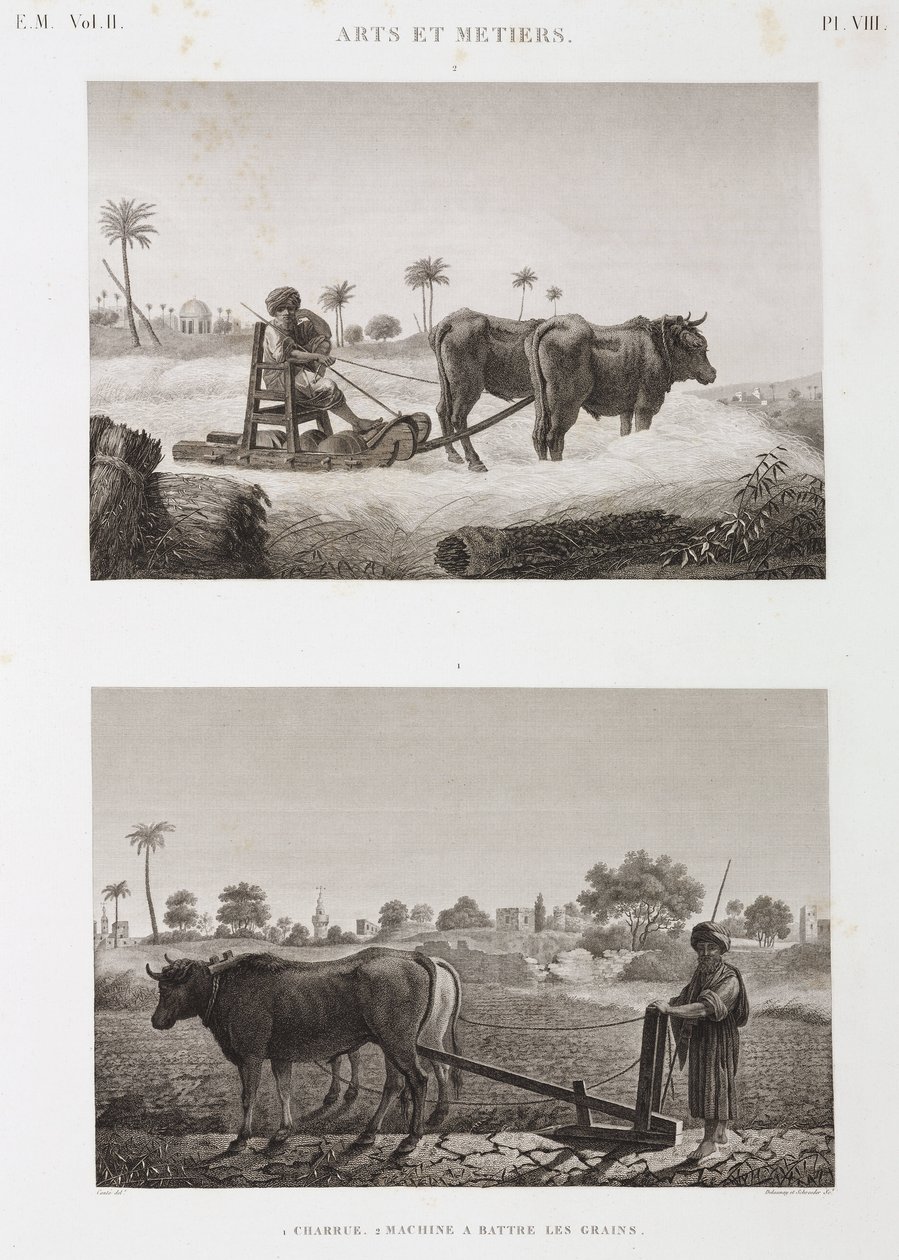Åkerbruk, plöjning Tröskmaskin och plog, Egypten, ca 1798 av Unbekannt