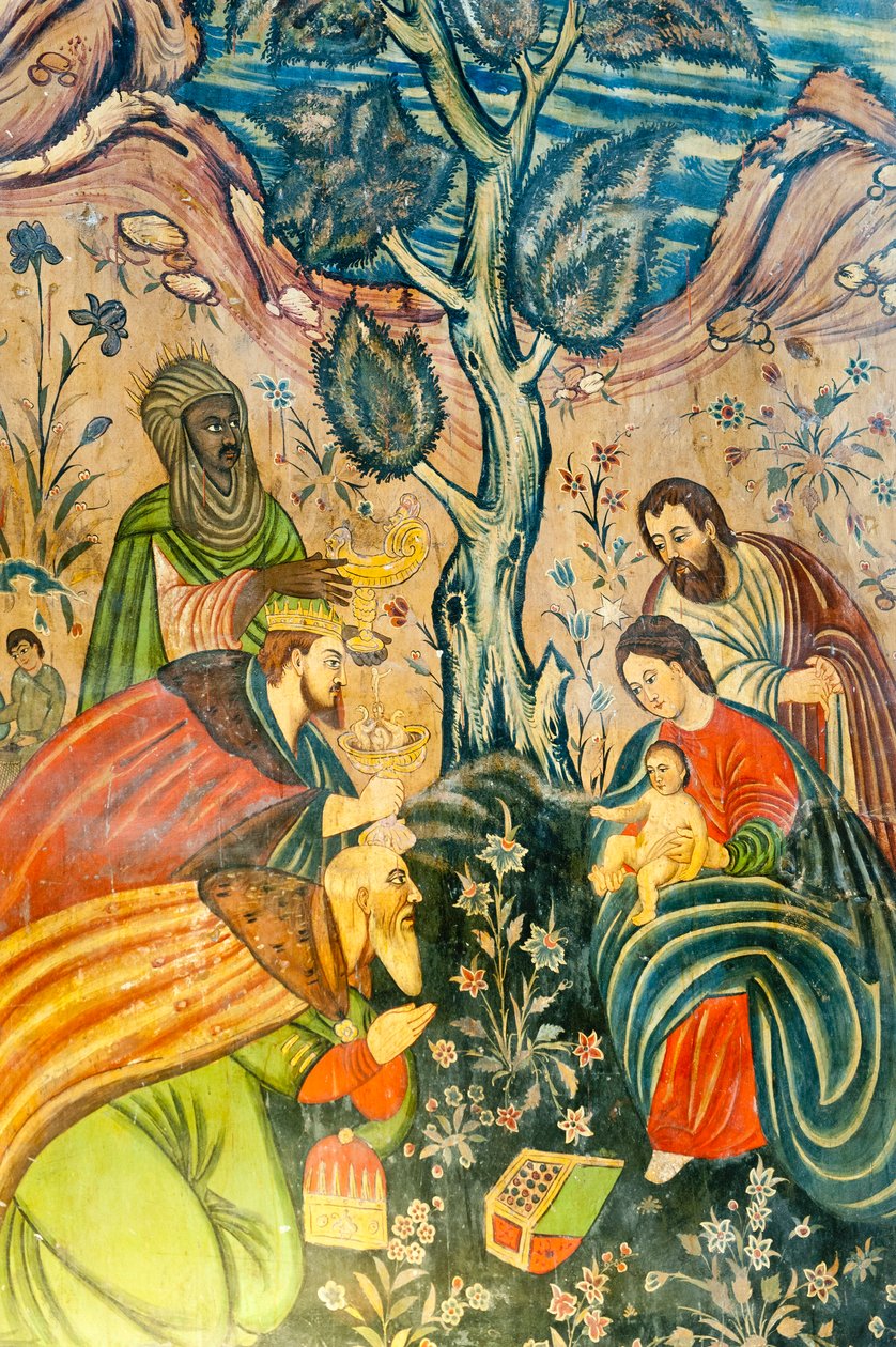 Armeniska apostoliska kyrkan; Väggmålning; Tillbedjan av Magi; Jesus Kristus; Maria och Josef; de tre vise männen ger gåvor; Betlehemskyrkan eller Bedkhemskyrkan; Julfa härad eller Jolfa; Isfahan; Iran; Asien av Unbekannt