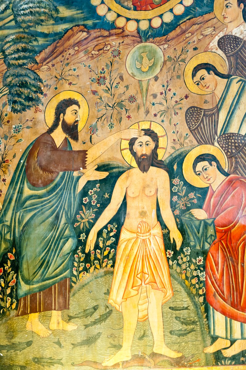 Armeniska apostoliska kyrkan; Väggmålning; Jesu Kristi dop av Johannes Döparen i Jordan; Bethlehemskyrkan eller Bedhamskyrkan; Julfa härad eller Jolfa; Isfahan; Iran; Asien av Unbekannt