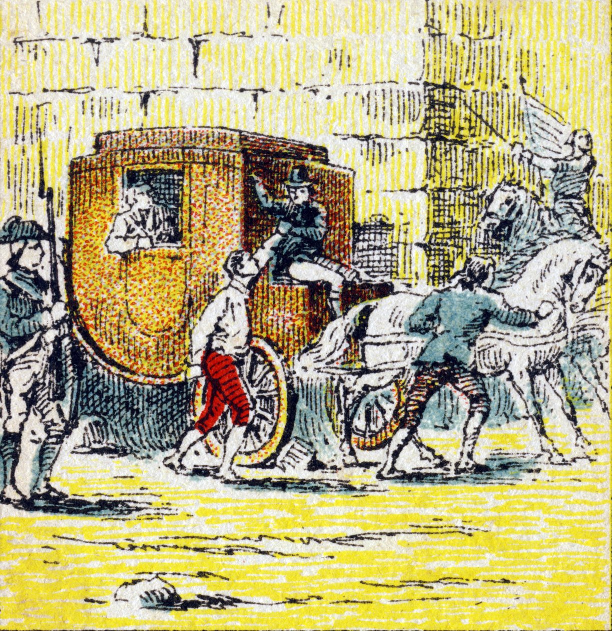 Gripande av Ludvig XVI och hans flyende familj i Varennes den 21 juni 1791. Gravyr i "Histoire de France". En serie reklambilder publicerade på uppdrag av Louit, 24 rue d