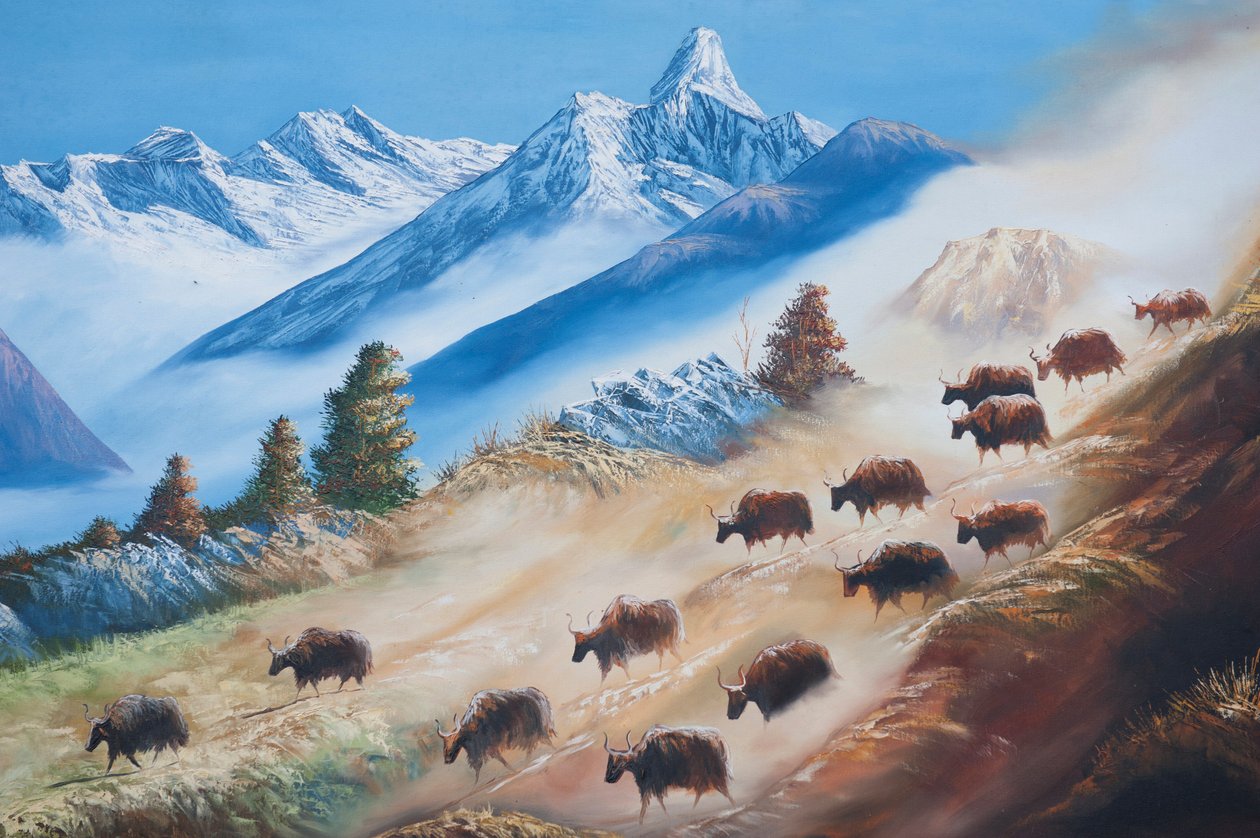 Konst; målning av en flock jakar nedanför berget Ama Dablam; Lantliv; galleri i Katmandu; Nepal; Asien av Unbekannt