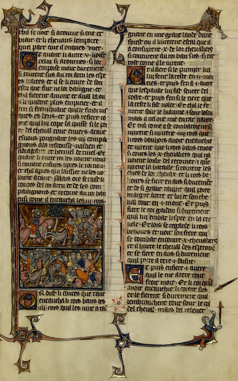 Arthurlegenden (jakten på den heliga graalen) : Benoic jagar saxare och slaget vid Danablaise är två illuminationer från manuskriptet History of Merlin, från 1200-talet mellan 1280-1290 av Unbekannter Künstler