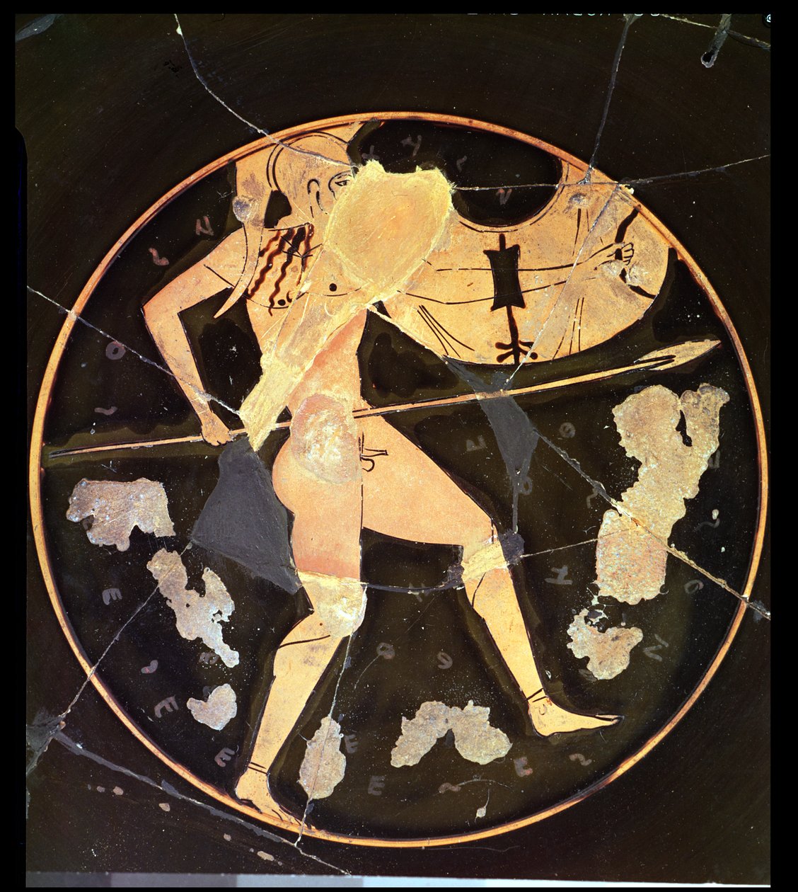 Atensk rödfigur kylix föreställande en grekisk krigare, grekisk (ca 500 f.Kr.) av Unbekannt