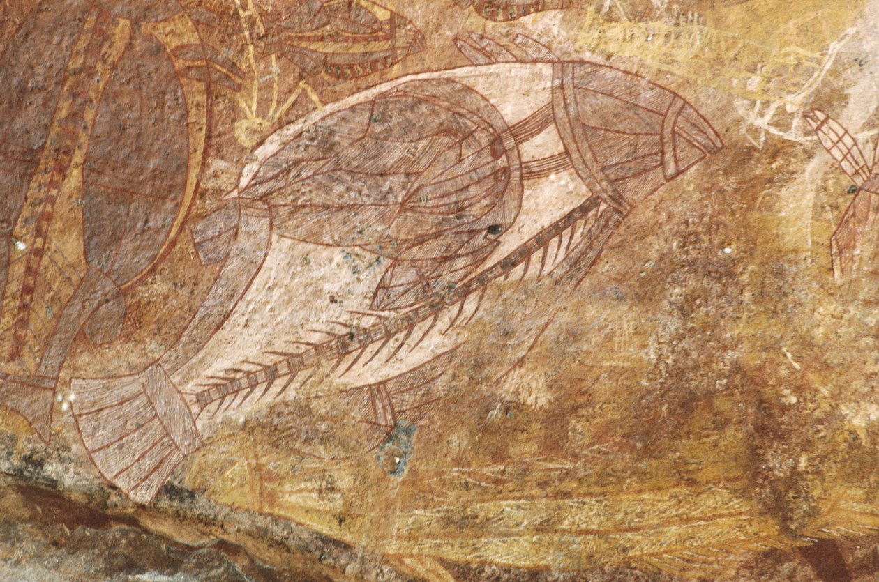 Australien, Northern Territory, Arnhem Land, Kakadu National Park, Obiri Rock, Aboriginal klippmålningar av Benjamin Baud