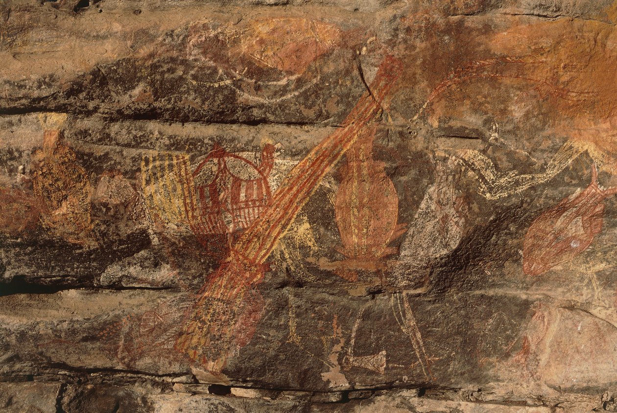 Australien, Northern Territory, Arnhem Land, Kakadu National Park, Obiri Rock, Aboriginal klippmålningar av Benjamin Baud