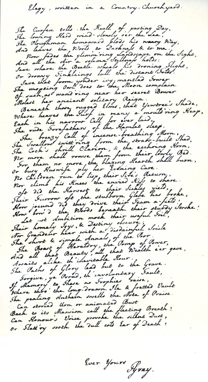 Autografkopia i handstil av poeten Thomas Gray av hans dikt "Elegy written in a Country Churchyard" av Unbekannt