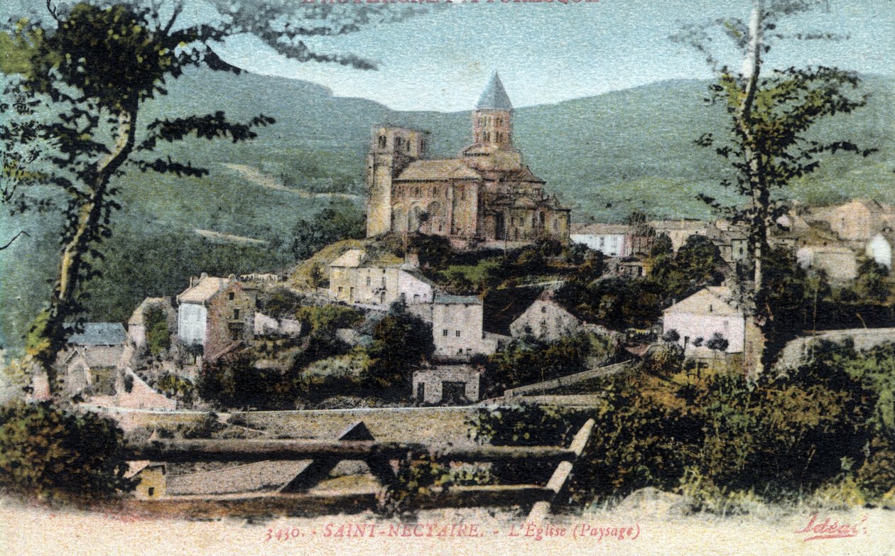 Auvergne, Puy-de-Dome (63), Saint Nectaire (Saint-Nectaire): utsikt över byn och kyrkan, slutet av 1800-talet - början av 1900-talet - Vykort av William M. Timlin