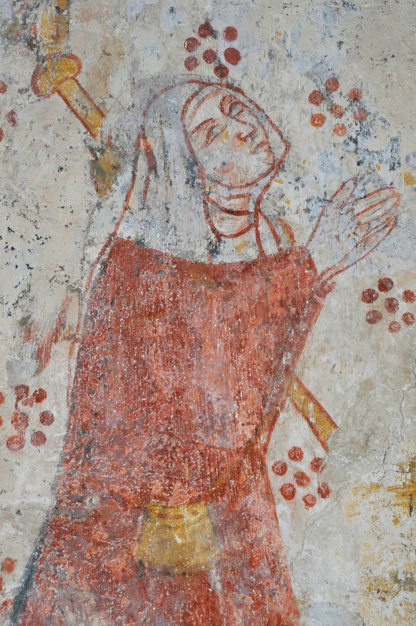 Avy, Kyrkan Notre Dame. Muralmålning från 1300-talet (Jungfrun och barnet omringade, dyrkade av peleriner som åtföljs av sina heliga beskyddare) av Unbekannter Künstler