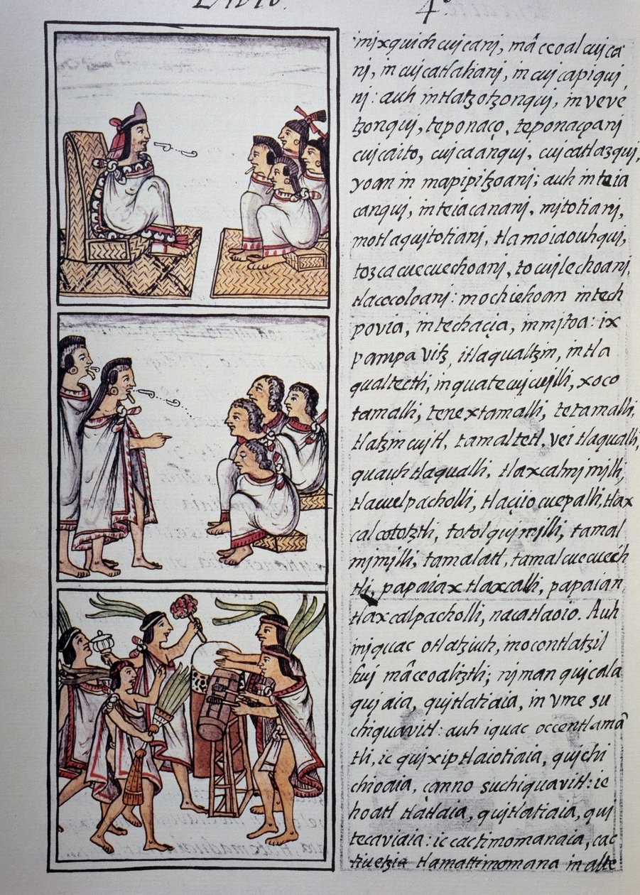 Aztec Society, Book IV of Florentine Codex, Tvåspråkig version på spanska och Nahuatl, Allmän historia om det nya Spaniens saker, Aztekisk civilisation av Benjamin Baud