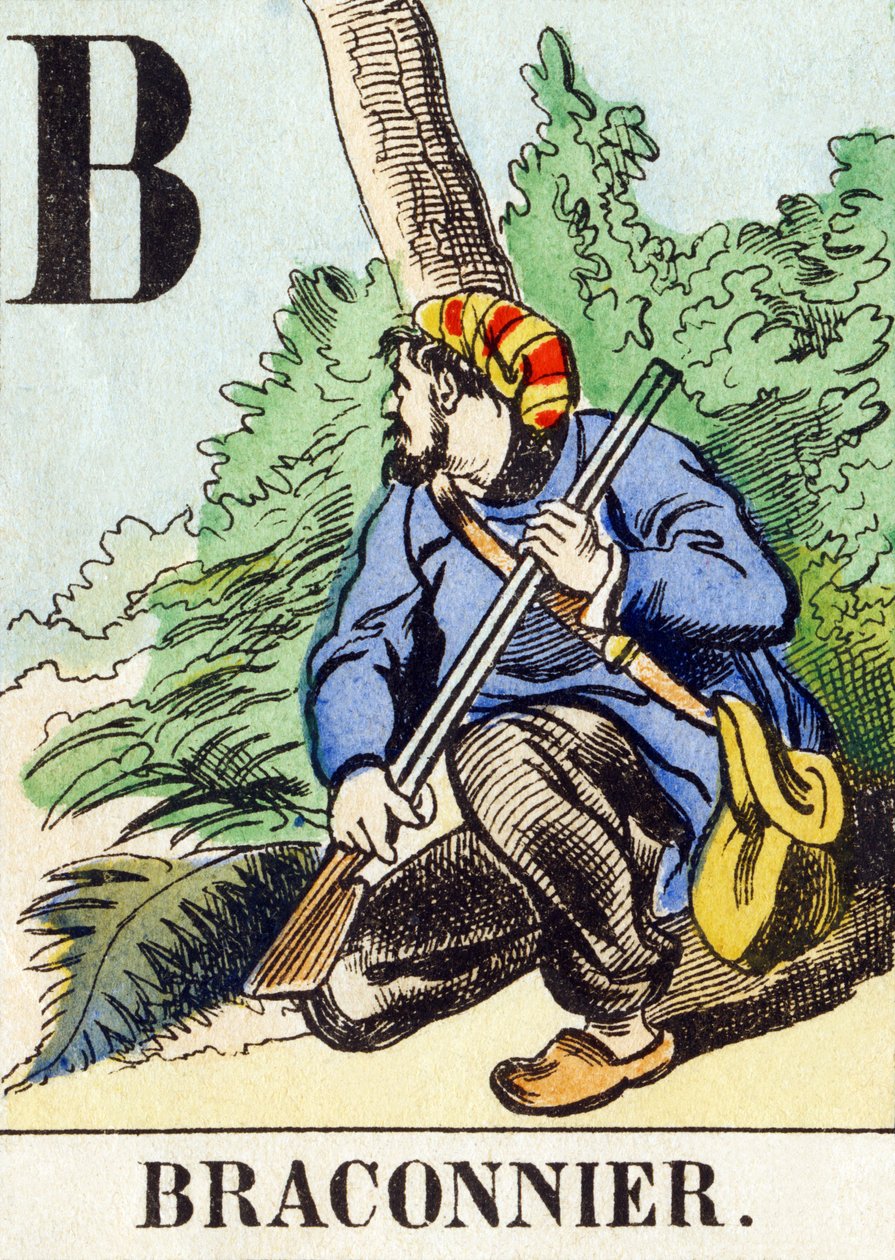 B : Braconnier - Jaktalfabetet, ca 1890 (gravyr) av Unbekannt
