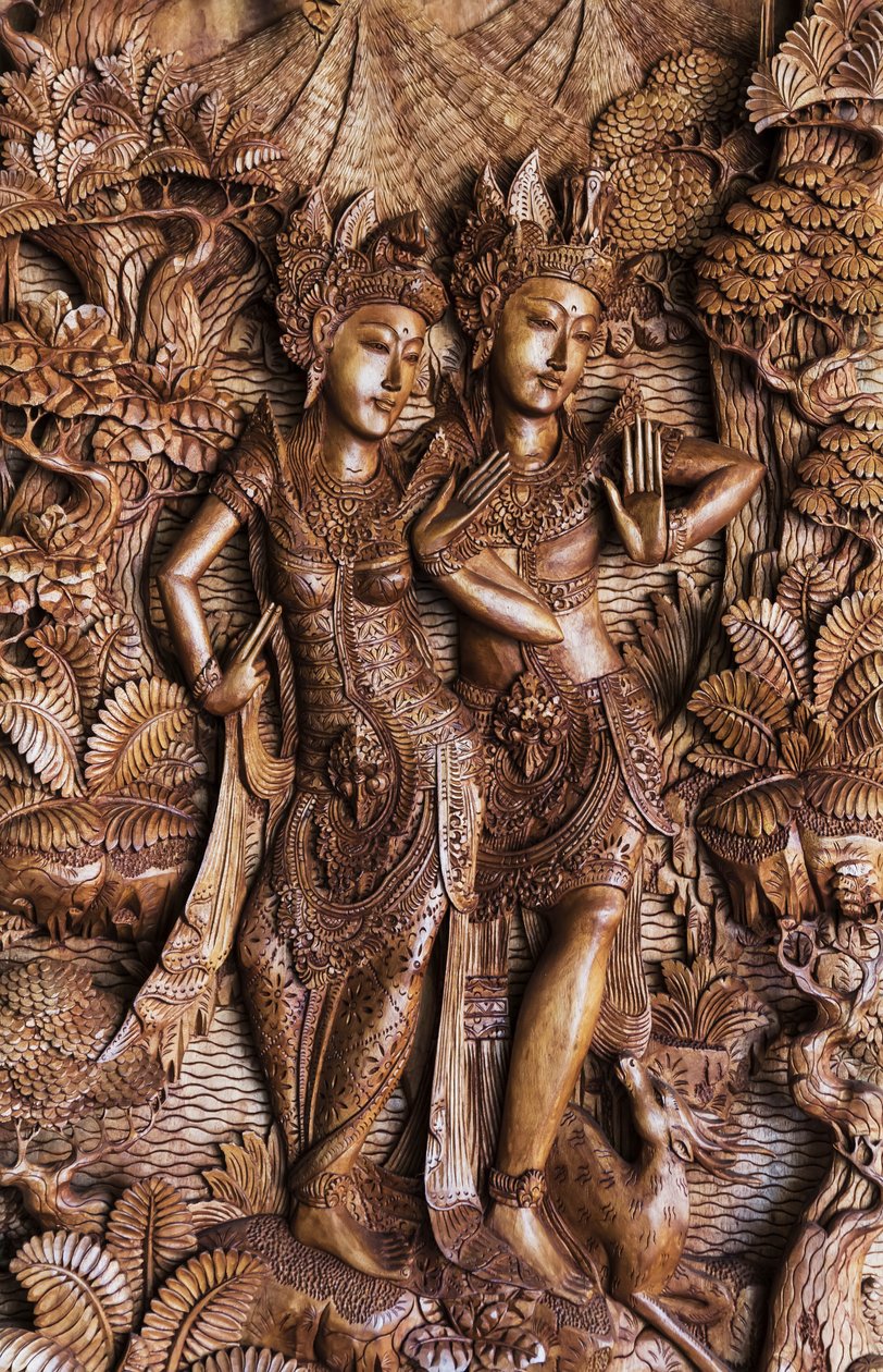 Balinesiskt träsnideri till salu, Ubud, Bali, Indonesien (foto) av Unknown