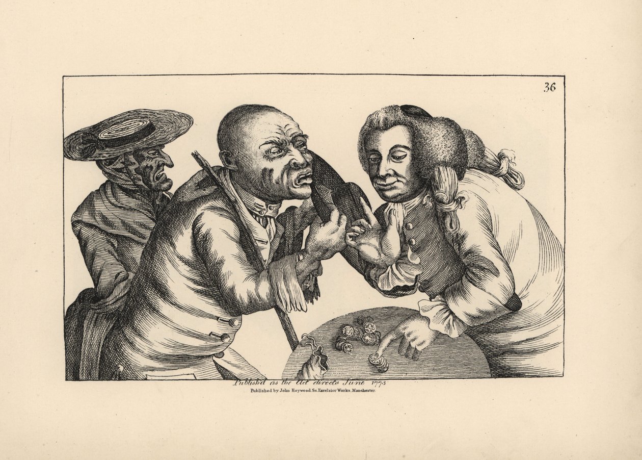 Den bankrutta Toby och hans fru Doxy tigger ost och öl på en krog. Kopparstick av Thomas Sanders efter en satirisk illustration av Timothy Bobbin (John Collier) (1708-1786) från Human Passions Delineated, John Haywood, Manchester av Unbekannter Künstler