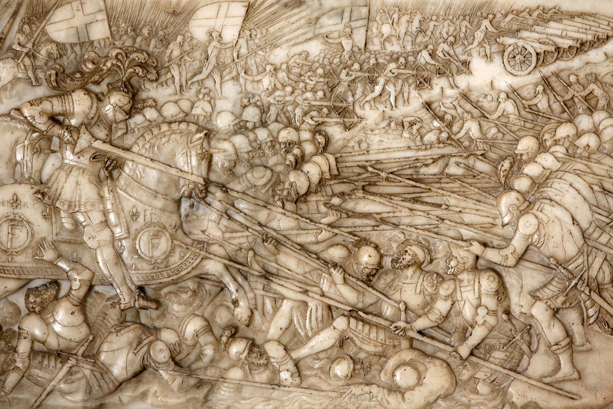 Basilica of St, Denis, Tomb of Francis 1 kung av Frankrike och Claude av Frankrike, Foundations lågrelief, Skildring av slaget vid Marignano 1515 - Francis 1:s segerrika ingripande, Saint-Denis, Frankrike av Unbekannt