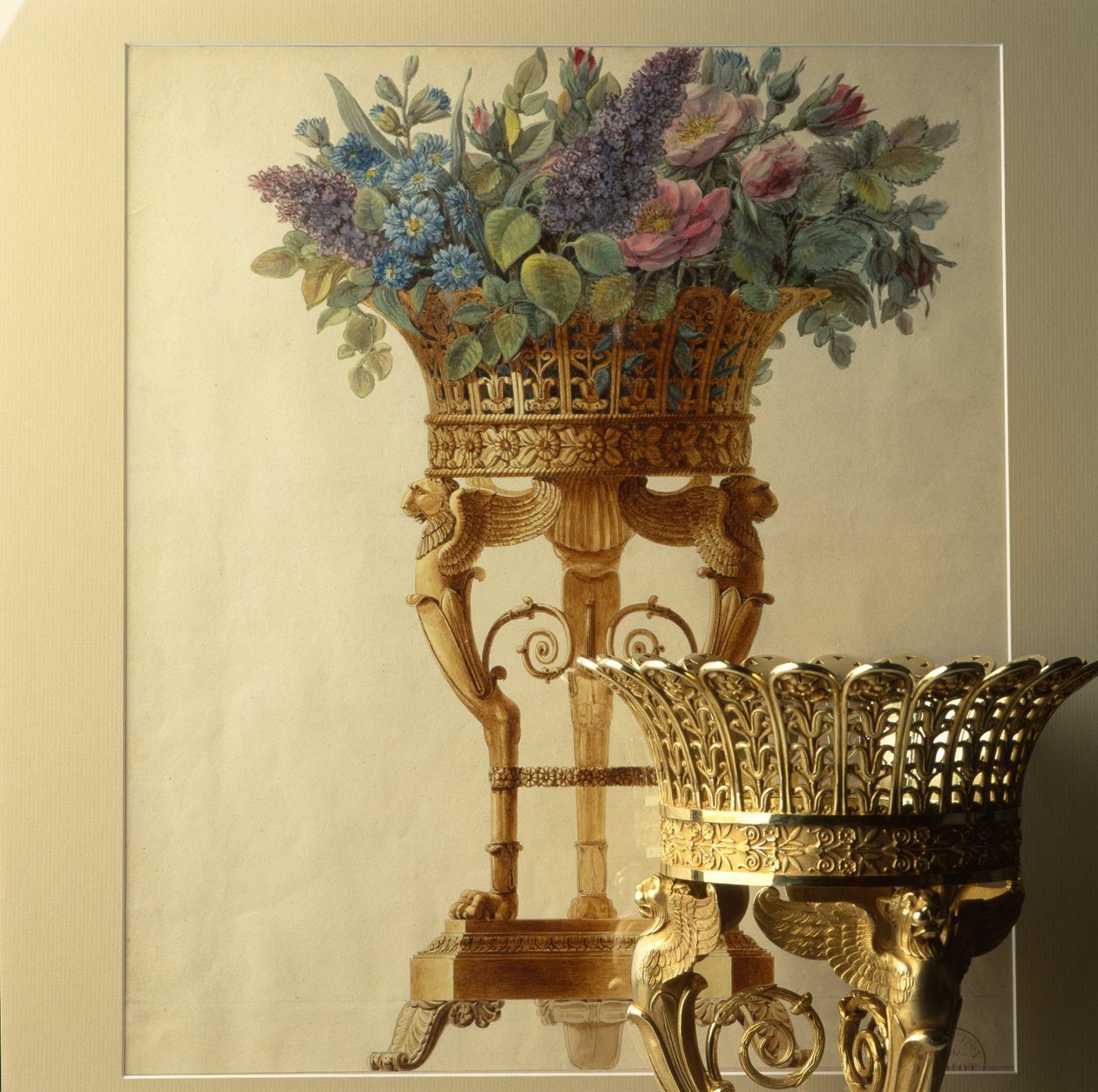 Korg med blommor med lejon, teckning av Garneray cirka 1800 av Unbekannt