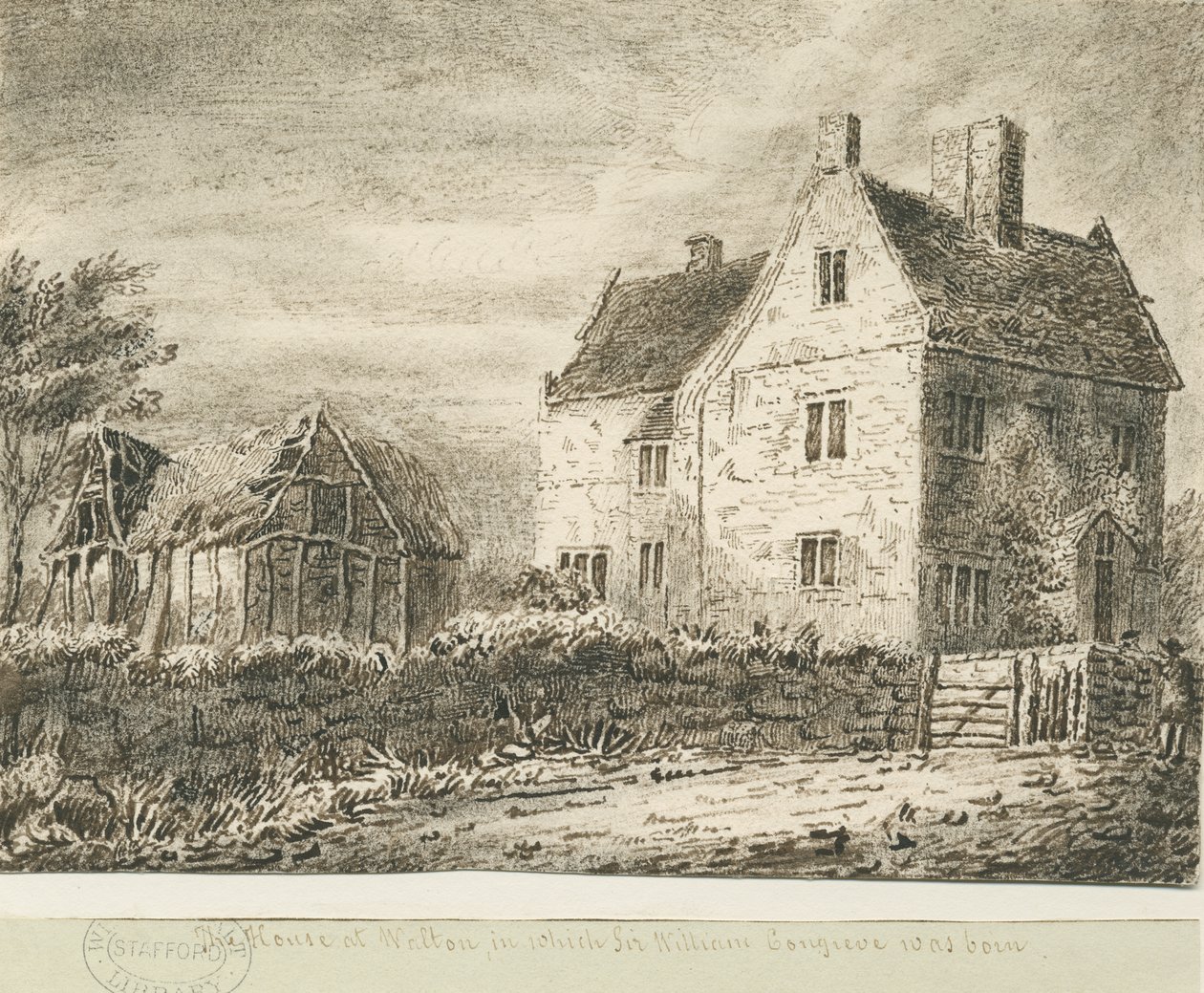 Baswich Village - Sir William Congreves hus: ritning med blyerts och tvätt, nd [? 1700-talet] av Unbekannt