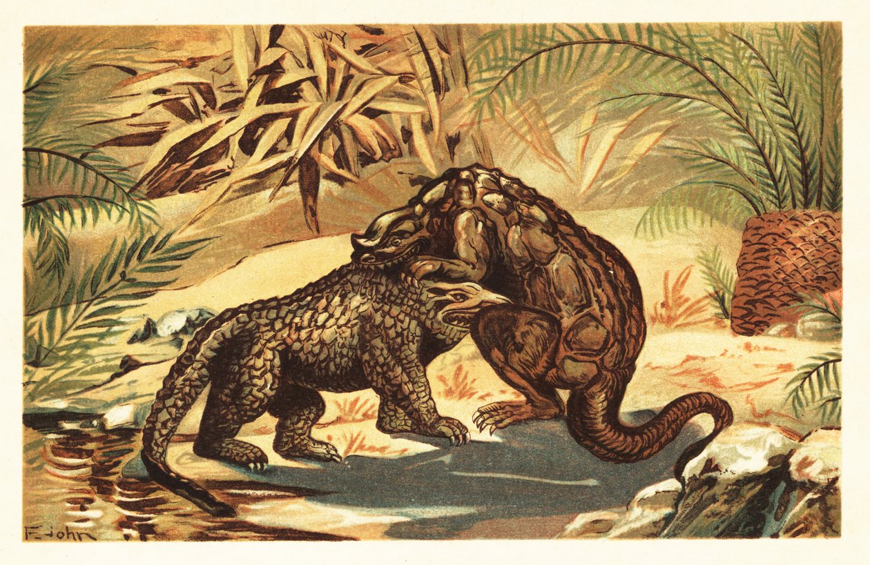 Slaget mellan en Megalosaurus bucklandii och Iguanodon bernissar1908 (litografi) av Unbekannter Künstler