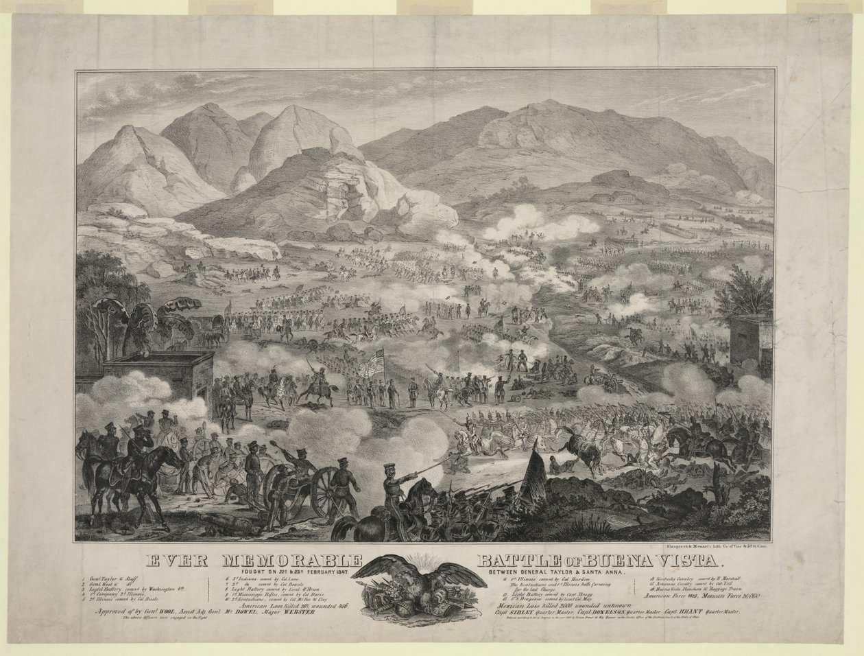 Slaget vid Buena Vista, även känt som slaget vid Angostura, general Zachary Taylors trupper tvingar general Antonio Lopez de Santa Annas reträtt, februari av Unbekannt