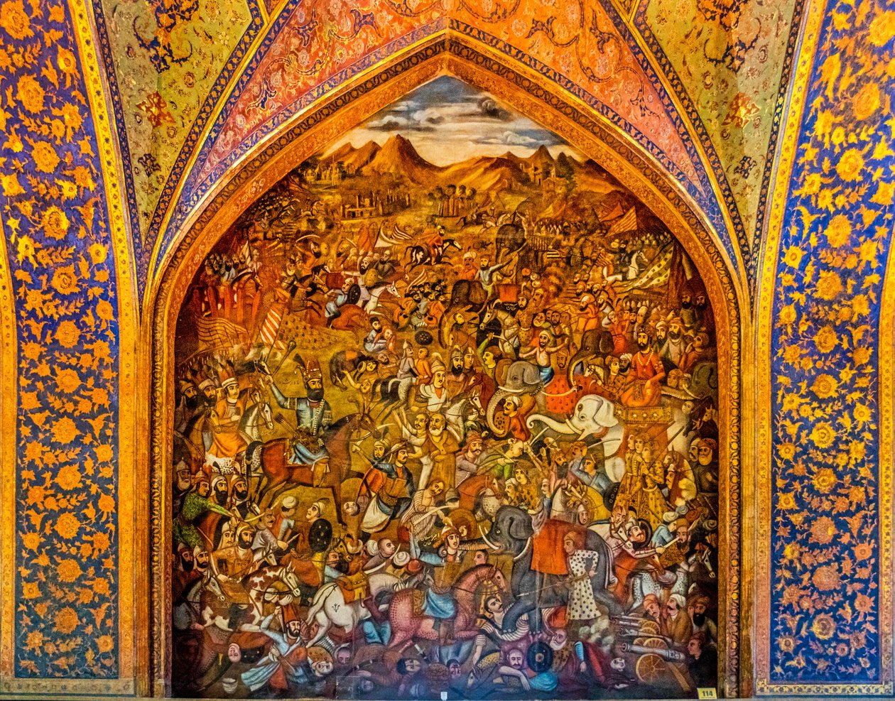 Slaget vid Chaldiran mot den osmanska Selim I 1514, fresker med höviska scener och stridsscener, Chehel Sotoun Palace, Isfahan, Isfahan, Iran, Asien (foto) av Unbekannter Künstler
