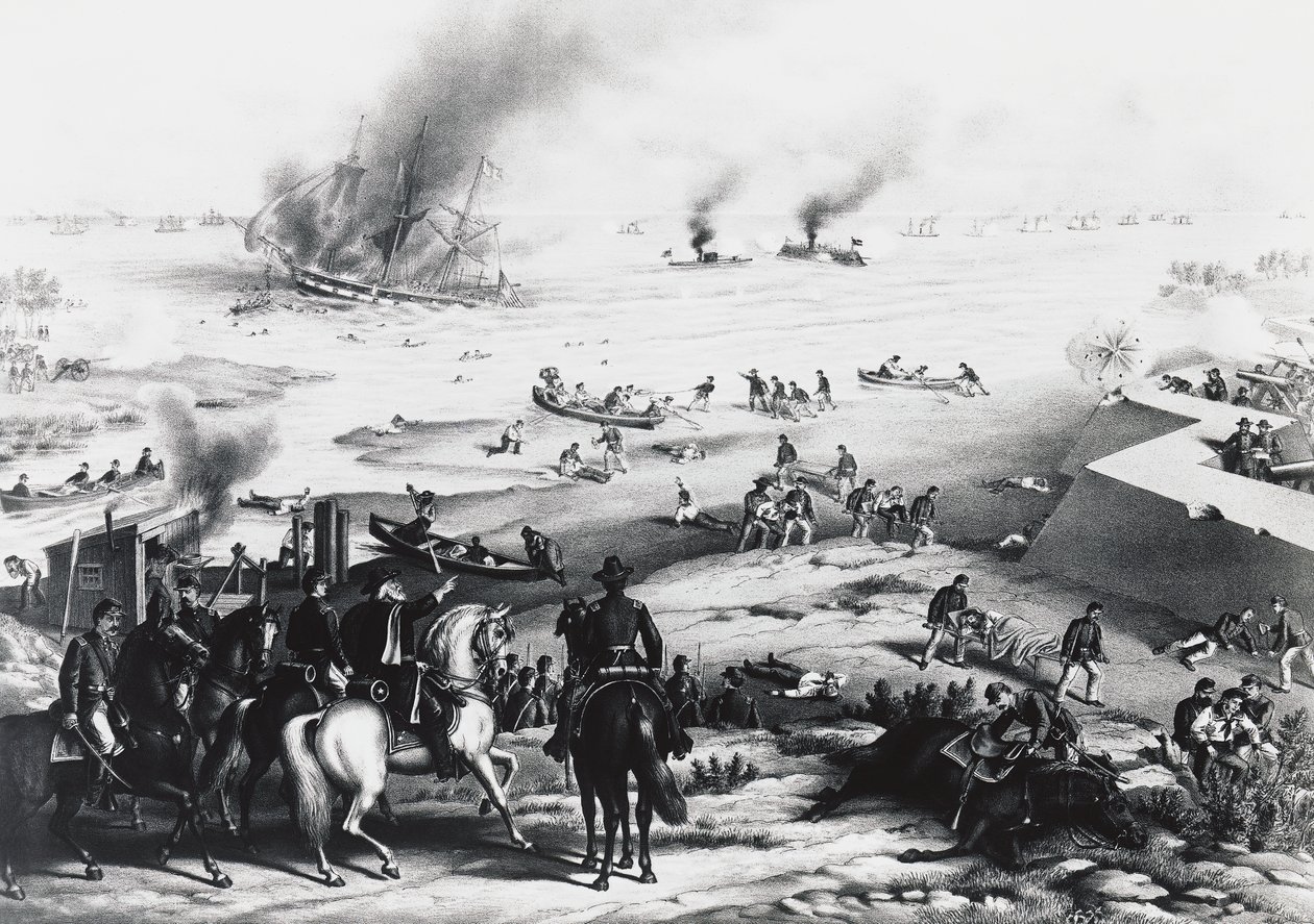 Battle of Hampton Roads eller Battle of Ironclads, USS Monitor och CSS Virginia (höger), 9 mars av William M. Timlin