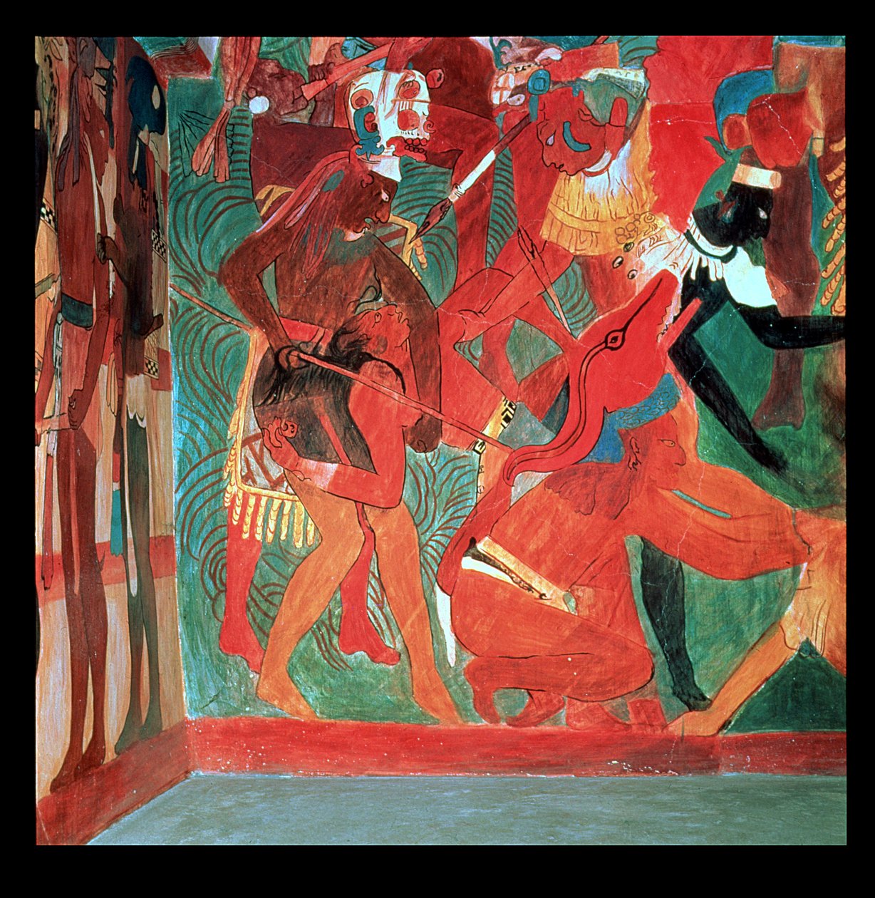 Stridsscen avbildad i rum 2 i det målade templet i Bonampak, Maya, sen klassisk period, ca 800 (väggmålning) av Unbekannter Künstler
