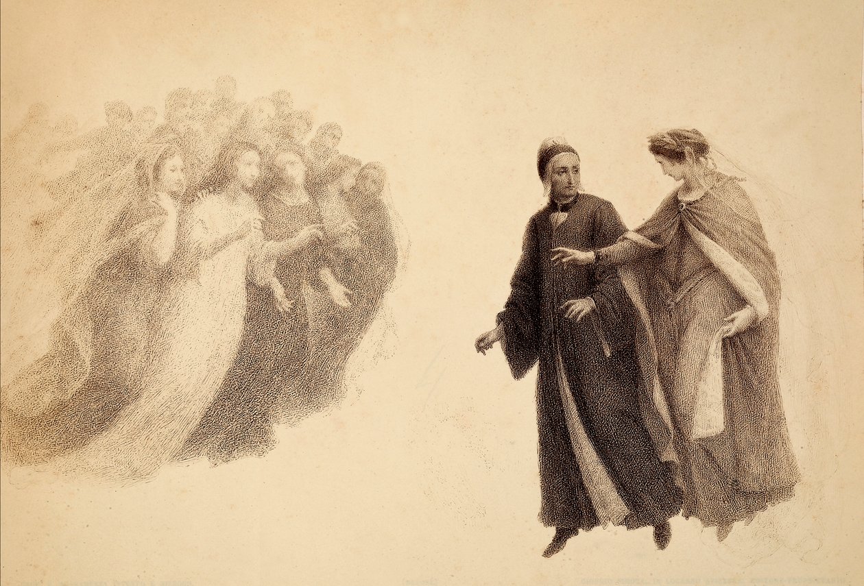 Beatrice, i Paradisets himmel, pekar ut en grupp själar för Dante. Illustration av Canto III av Paradiso av The Divine Comedy av Dante Alighieri. Franceso Scaramuzzas verk tillägnat Florens kommun. av Unbekannter Künstler