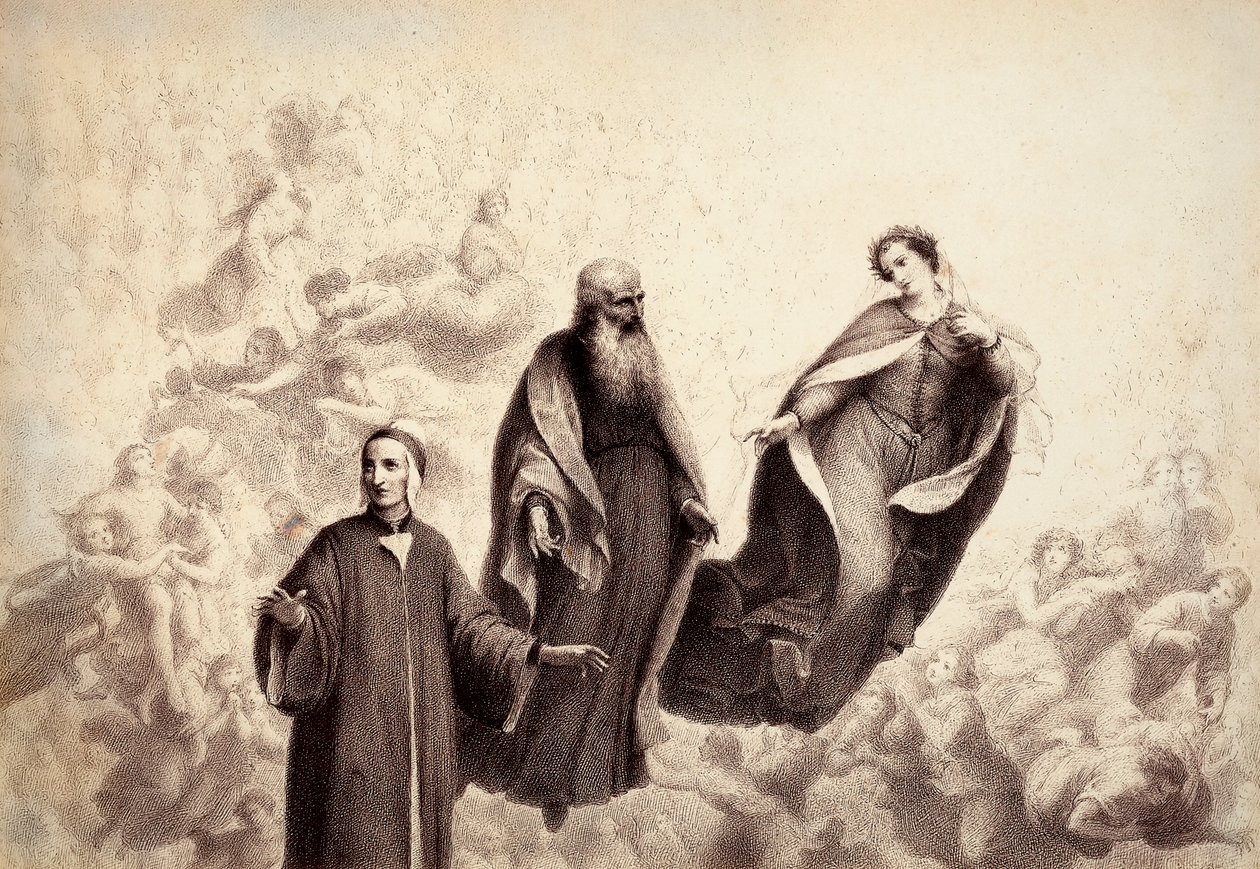 Beatrice rör sig bort från Dante, och vid hans sida dyker Sankt Bernhard upp. Illustration av Canto XXXI i Paradiso i Den gudomliga komedin av Dante Alighieri. Francesco Scaramuzzas verk tillägnat Florens kommun. av Unbekannter Künstler