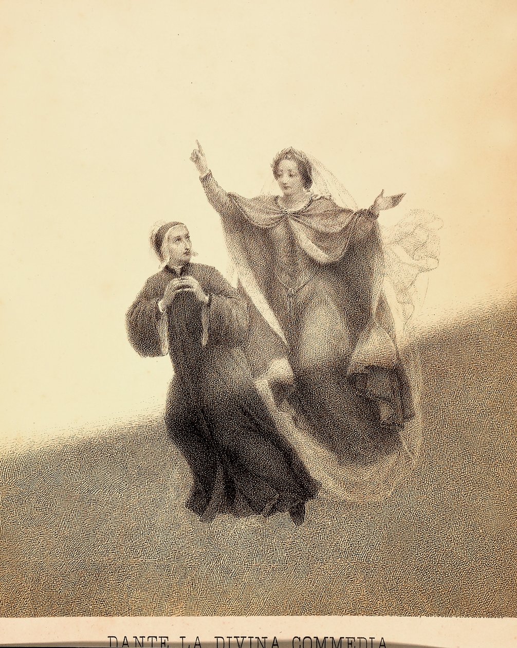 Beatrice, som pekar uppåt med sitt pekfinger, leder Dante genom Paradisos firmament. Deras kroppar lyses upp av en ljusstråle. Illustration av Canto I av Paradiso i Den gudomliga komedin av Dante Alighieri. Verk av Franceso Scaramuzza dedicerat till av Unbekannter Künstler